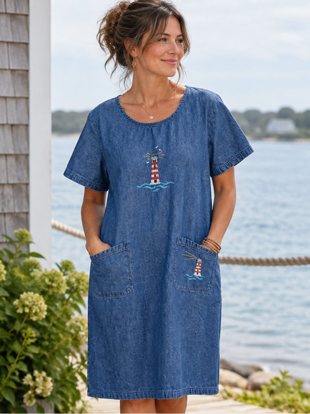Vintage Y2K Embroidered Light House Cotton Shift Dress Womens XL